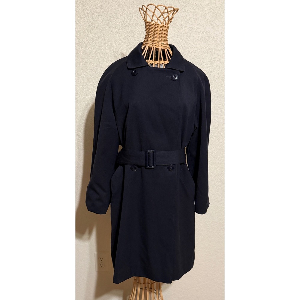 Vtg Kristen Blake Petite Navy Blue Worsted Wool Trench Coat Made in USA Size 2P